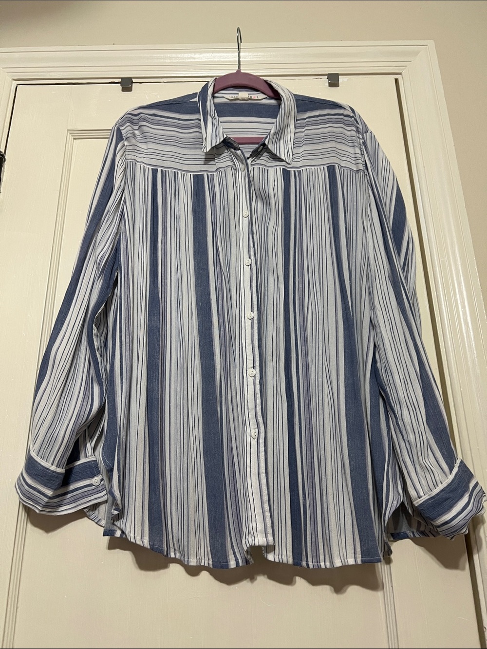 Vanilla Star Blue & White Vertical Stripe Button-Down Shirt flowy swing shirt
